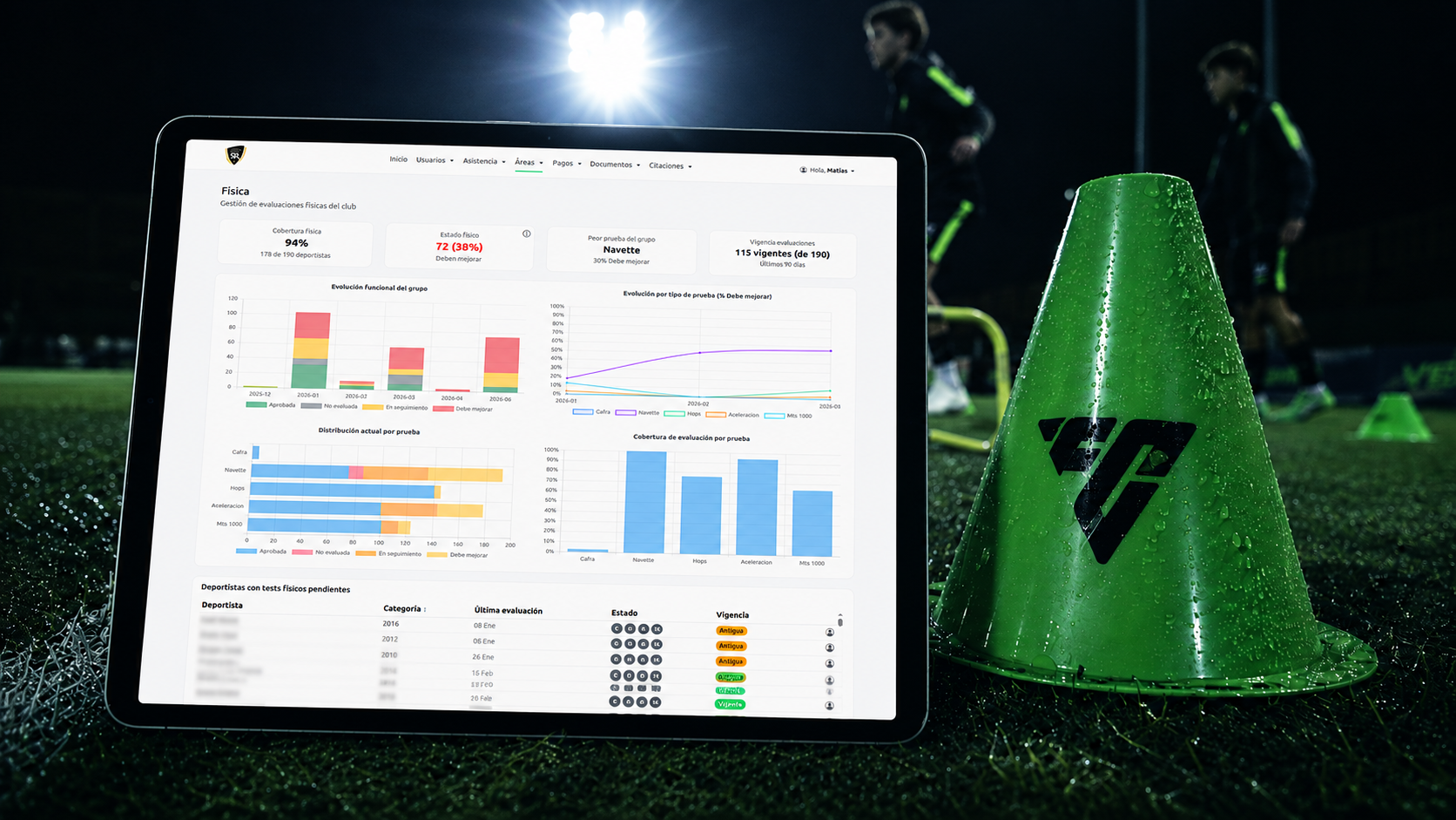 Evidencia física Canteranos en terreno con cono de entrenamiento y jugadores realizando trabajo físico